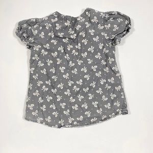 Cherokee Girls 1/4 Button Top 3T Gray w/White Bows Print Puff Cap Sleeves Cotton